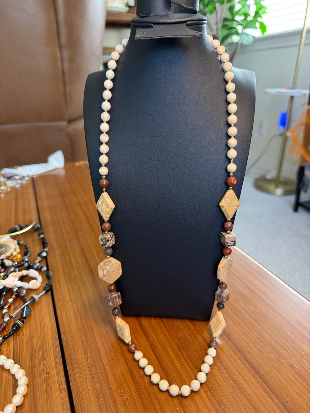 Earth-Tone Natural Stone Bead Necklace — Beige & Brown